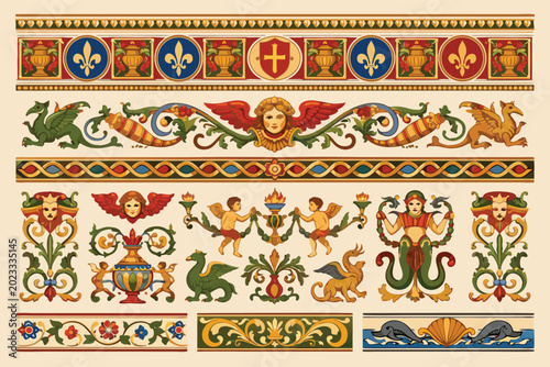 Elegant Italian Renaissance fresco borders and Florentine grotesque vector ornaments in a simple flat style. Classic decorative frames featuring floral motifs, scrolls, and artistic vintage patterns.