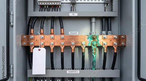 Corroded grounding lug on copper busbar inside solar farm electrical cabinet
