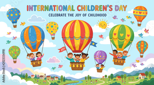 International Children's Day Hot Air Balloons & Happy Kids