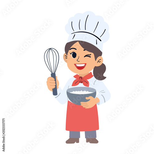Canvastavla Cute female chef cartoon character holding whisk and bowl in flat vector style