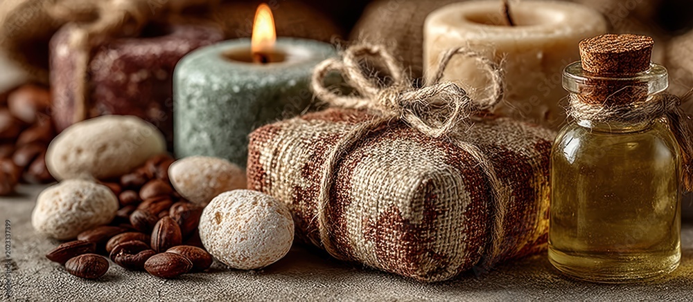 Fototapeta premium Still life of candles, oil bottle, soap, stones, and beans