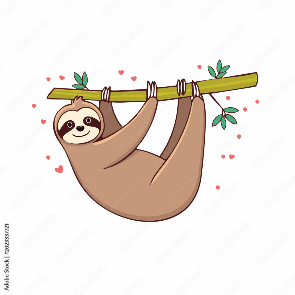 Fototapeta premium Cute Sloth Hanging on a Branch with Hearts