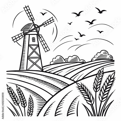 Bild auf Leinwand windmill illustration with wheat field and birds black and white