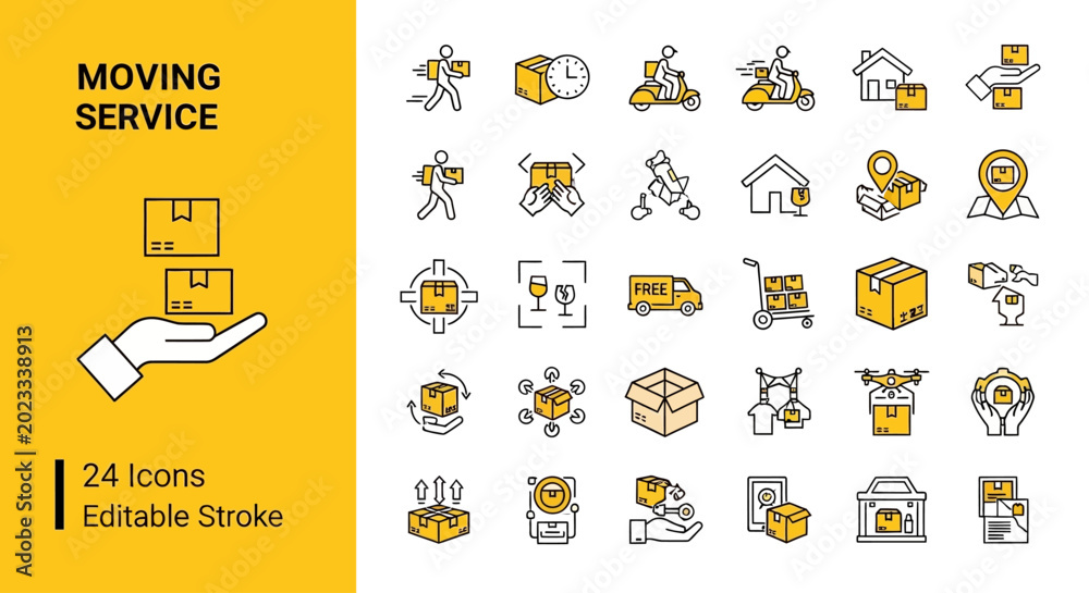 Fototapeta premium Moving service icons a collection of 24 editable stroke icons representing various aspects of relocation and delivery services