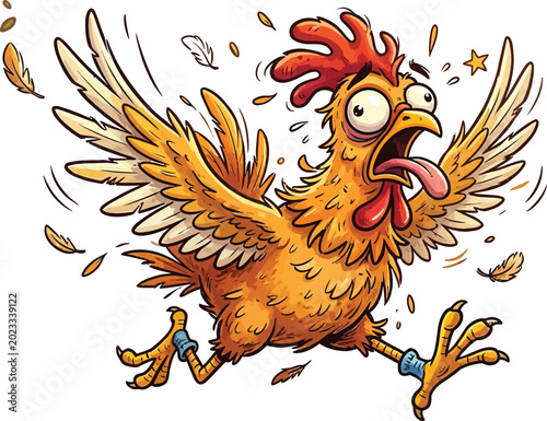 Funny panicked chicken cartoon character, frantic running hen with flying feathers, crazy orange rooster mascot vector illustration