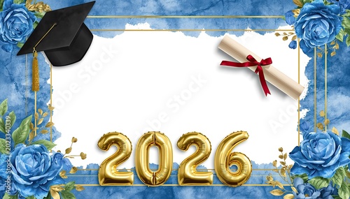 Graduation themed frame template with blue watercolor roses, a graduation cap, a diploma scroll, and gold 2026 balloons