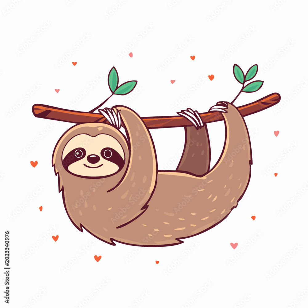 Fototapeta premium Cute Cartoon Sloth Hanging on a Branch