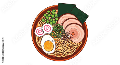 Top down view of a bowl of Japanese ramen with pork and egg.