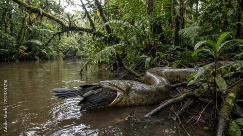 Green anaconda swallowing a bird