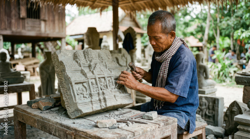 Focused Artisan Skillfully Carving Stone Sculpture in Workshop.