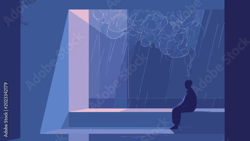 Silhouette of man overthinking by window during heavy rain