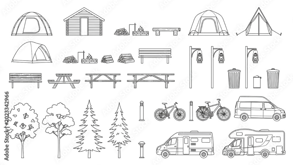 Fototapeta premium CAD Campground Site Furniture Blocks with Tents Caravans Picnic Tables Lighting and Landscape Symbols