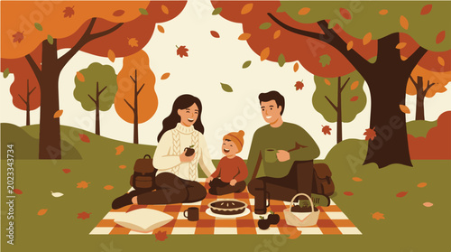 Cozy family autumn picnic in park with pie and leaves