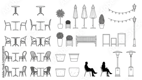 Outdoor Cafe Furniture CAD Layout with Seating Sets, Planters and Decorative Lighting Elements