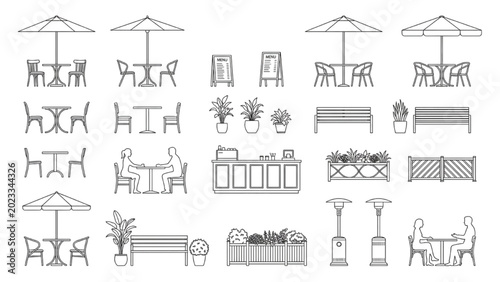 Outdoor Cafe and Plaza Furniture CAD Collection with Seating Areas, Umbrellas and Landscape Fixtures