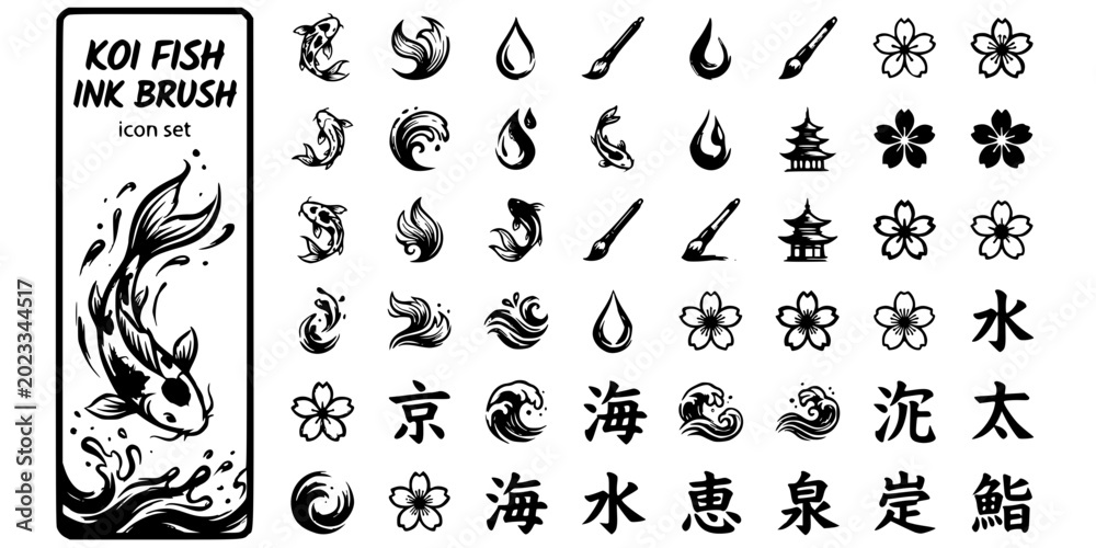 Obraz premium Koi Fish Ink Brush Black White-Flowing Fin Water Splash-Japanese Vector-Koi Icon Ink-T-Shirt Print Design Set