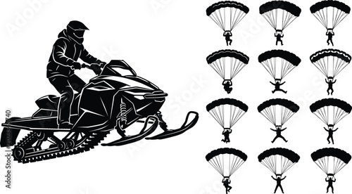 Foto Black silhouette illustrations of snowmobile rider and parachutists descending w