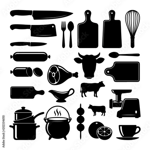 Butcher Shop and Kitchen Cooking Utensils Vector Silhouette Icons Set