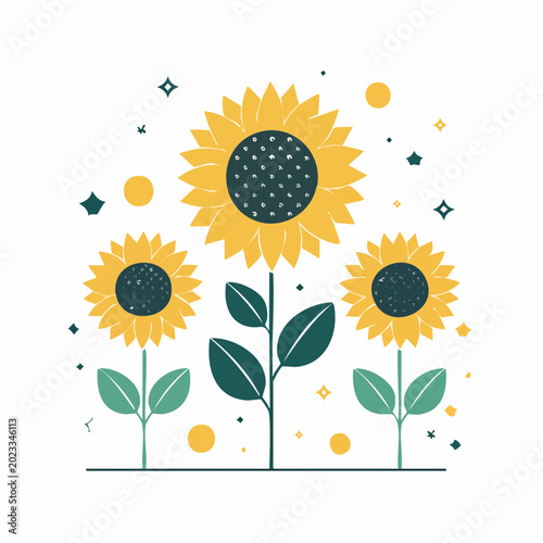 Stylized illustration of three sunflowers with dark centers and yellow petals