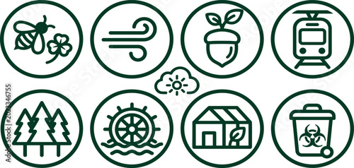 Foto Minimalist Black Circular Ecology and Sustainability Icon Badges Featuring Natur