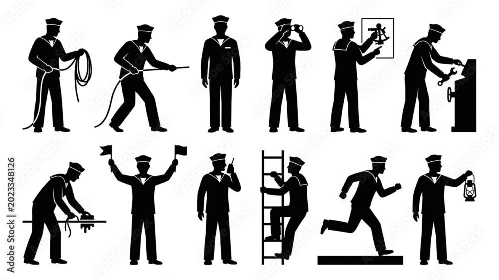 Fototapeta premium Yacht Crew Member Silhouette Collection – Luxury Vessel Operations and Marine Service Set