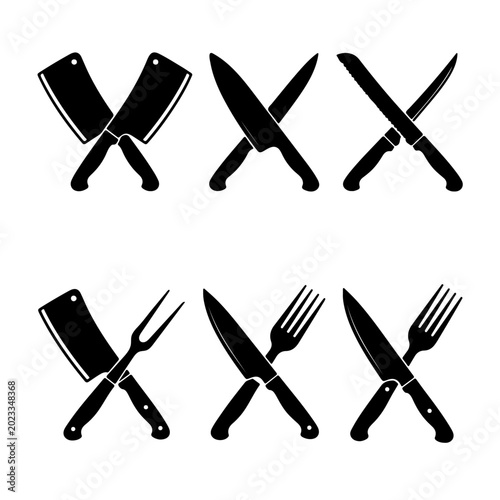 Crossed Kitchen Knives and Cutlery Silhouette Icons Vector Set