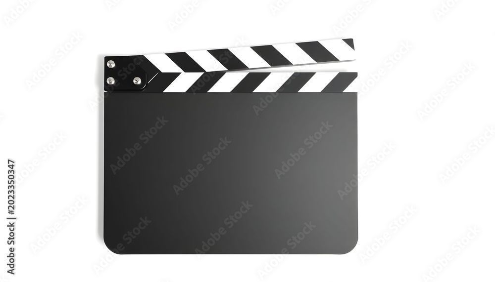Fototapeta premium A film clapper board is shown on a white background indoors.