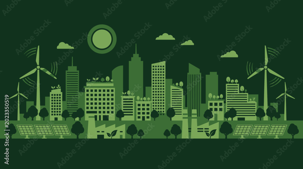 Fototapeta premium An eco-friendly sustainable city illustration depicts renewable energy sources and green architecture.