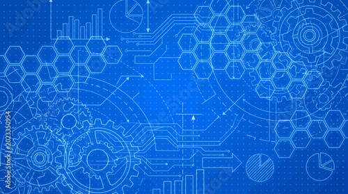Engineering blueprint concept illustrates intricate technical design on blue background