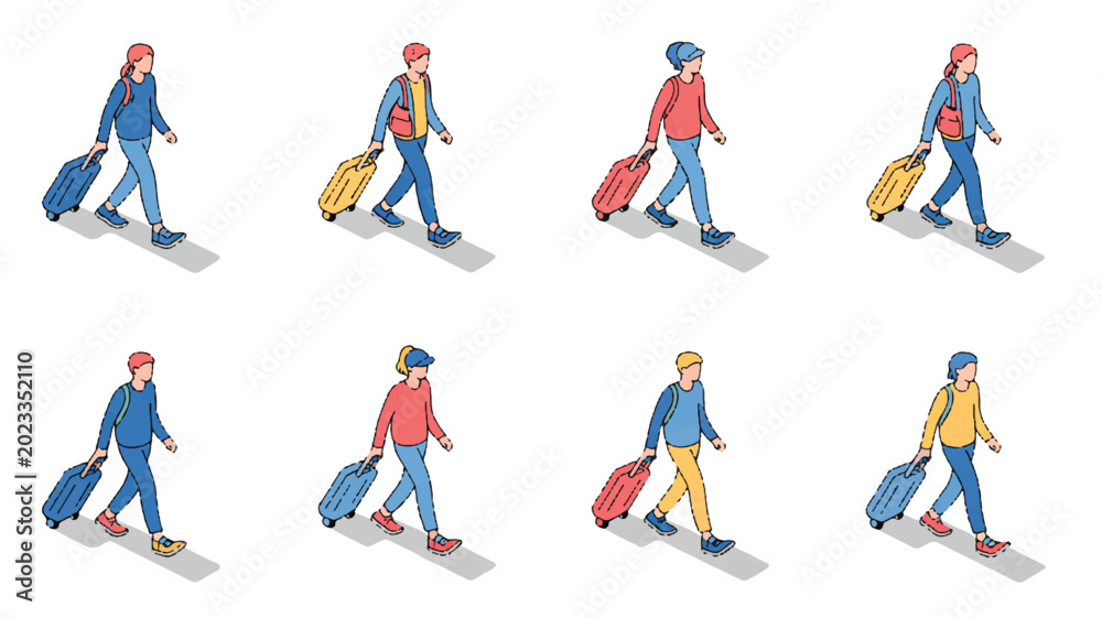 Fototapeta premium People walking with suitcases and backpacks in various casual outfits