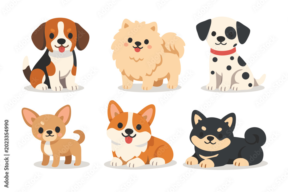 Fototapeta premium Cute Dog Breed Collection Vector Illustration Featuring Beagle Pomeranian Dalmatian Chihuahua Corgi and Shiba Inu Flat Cartoon Style Puppy Characters for Pet Shop Veterinary Clinic and Animal Design