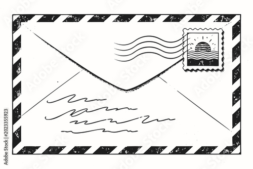 Vintage black and white textured envelope illustration featuring a postage stamp with sun motif, wavy postmark lines, and handwritten script. Retro hand-drawn mail letter with striped border.