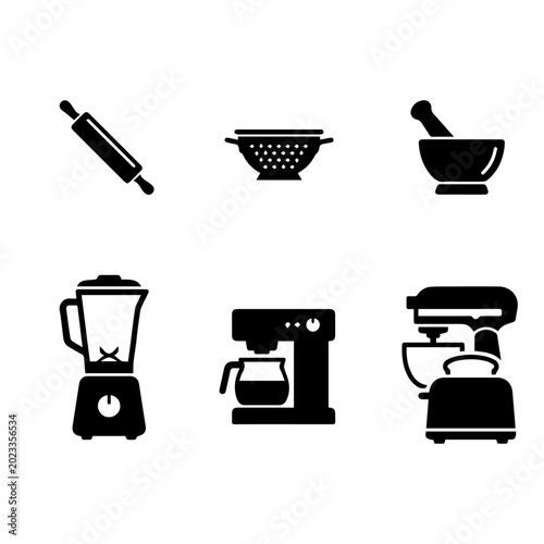 Kitchen Appliances and Cooking Prep Tools Silhouette Icons Vector Set