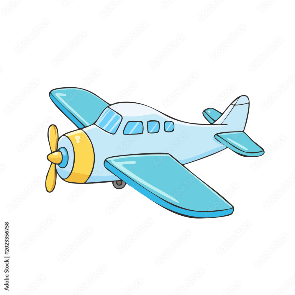 Naklejka premium Cute cartoon airplane with yellow propeller and blue wings flying