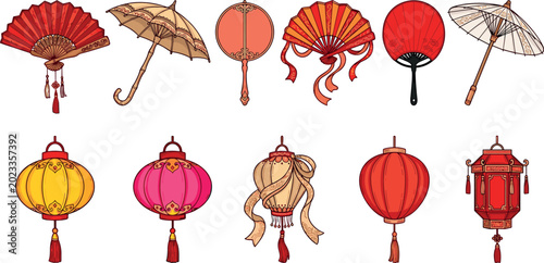 Foto Traditional Asian Lanterns Fans And Paper Umbrellas Collection With Decorative C