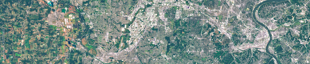 Naklejka premium Cincinnati Metropolitan Area in the USA Viewed from Space – Ohio River, Urban Landscape and Infrastructure in Satellite Imagery