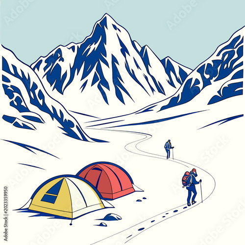 Tableau sur toile winter mountain landscape with hikers and tents illustration
