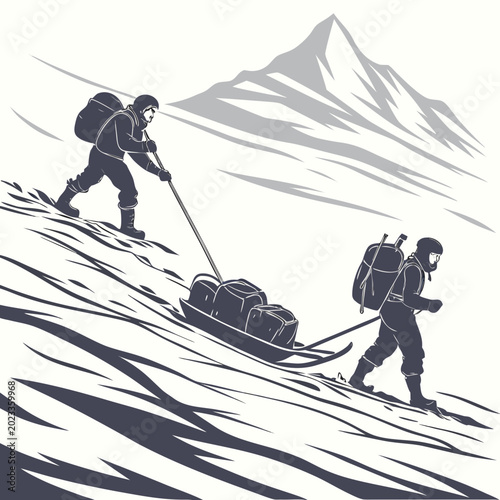Bild auf Leinwand two skiers pulling sled with gear winter landscape illustration