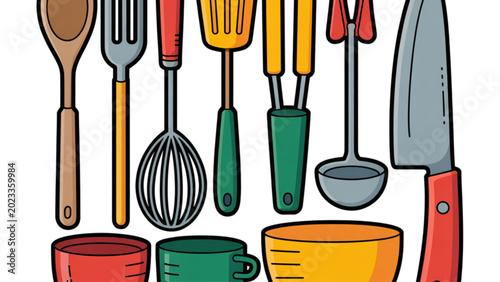 Fotografie Assorted wooden kitchen and garden tools hanging on a wall Vector