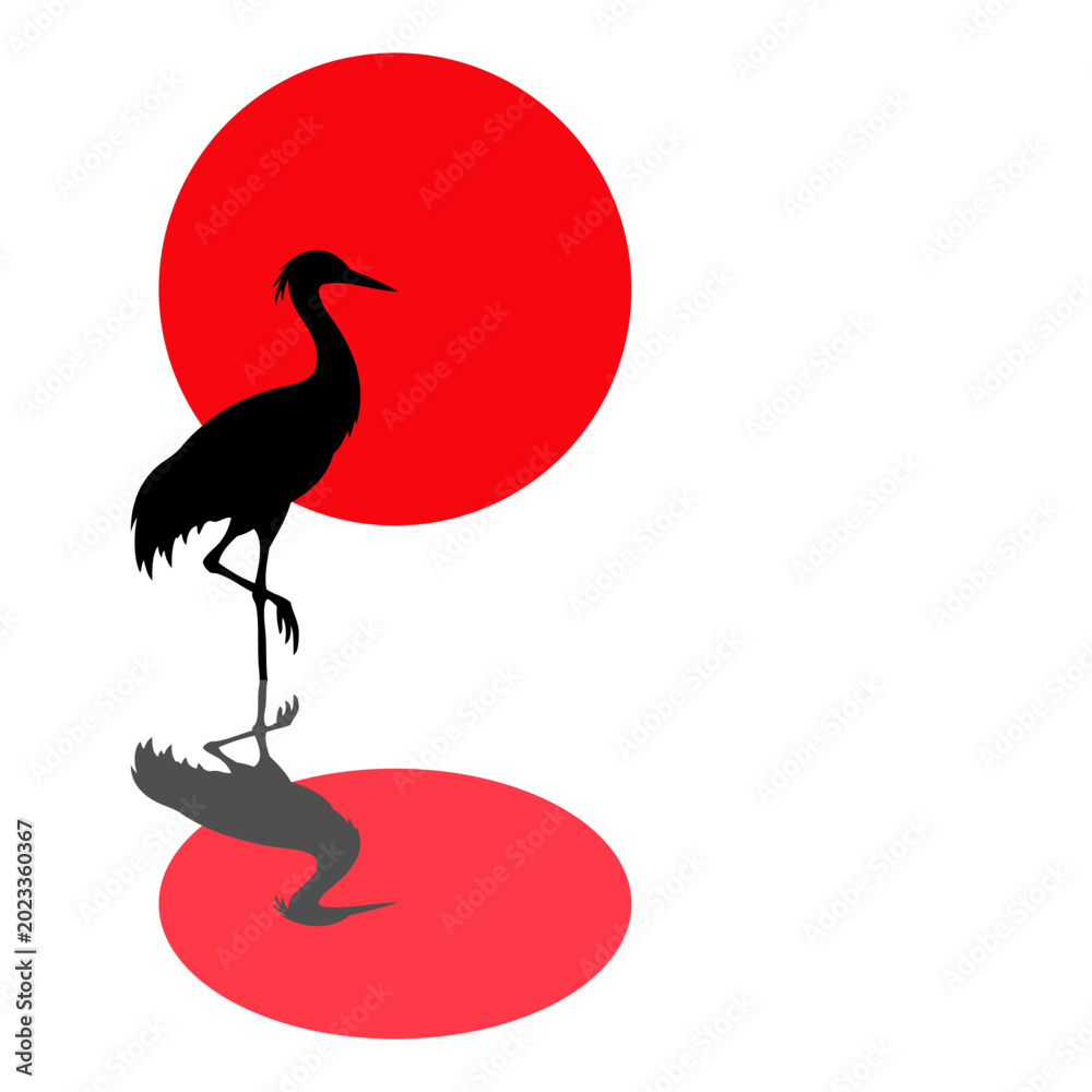 Fototapeta premium Logotipo con el dibujo de la silueta de una grulla de pie con una pata encogida, vista de perfil con el sol por detrás, con su reflejo en el agua 