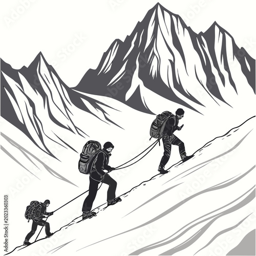 Obraz na płótnie mountain climbers ascending snowy peak grayscale illustration