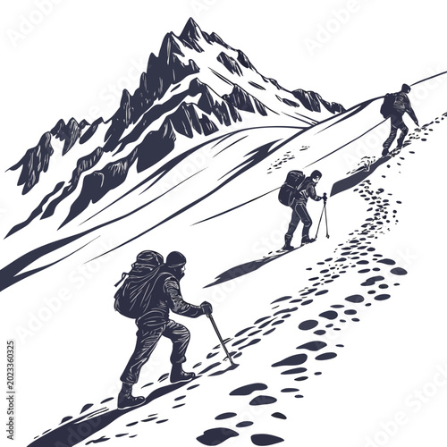 Bild auf Leinwand ski mountaineers traversing snowy mountain slope silhouette illustration