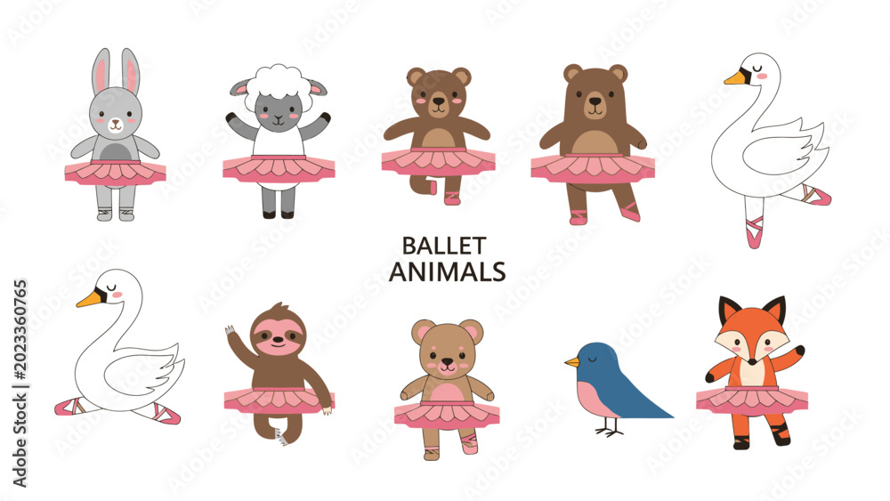 Fototapeta premium Cute ballet animals illustration wearing tutus and pointe shoes, isolated on white background for design
