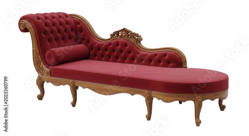 A red velvet chaise lounge with a tufted backrest and ornate carved wooden frame, isolated on a solid black background