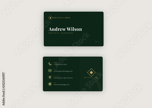 Luxury Corporate Business Card Template Front and Back Set with Dark Green and Gold Elegant Geometric Design Layout