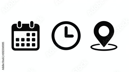 black icons of calendar clock and location pin on white background