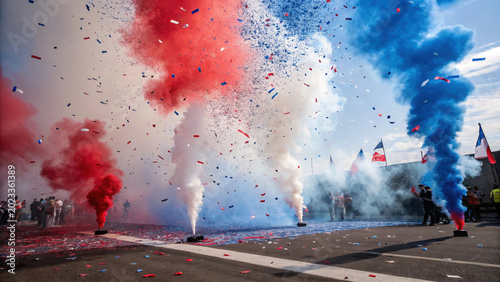 4th july patriotic celebration confetti smoke flare parade crowd flag 4th july patriotic celebration confetti smoke flare parade crowd flag with