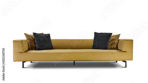 Modern minimalist leather sofa in mustard yellow color with decorative velvet pillows.
Contemporary luxury couch isolated on white background, perfect for furniture catalog and interior design.