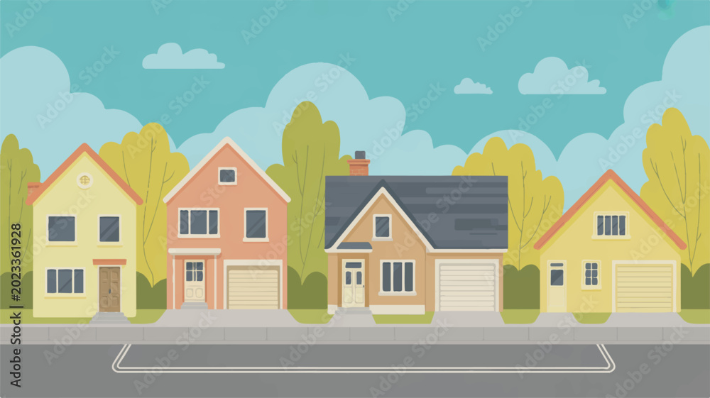 Fototapeta premium colorful houses on a suburban street with trees and blue sky