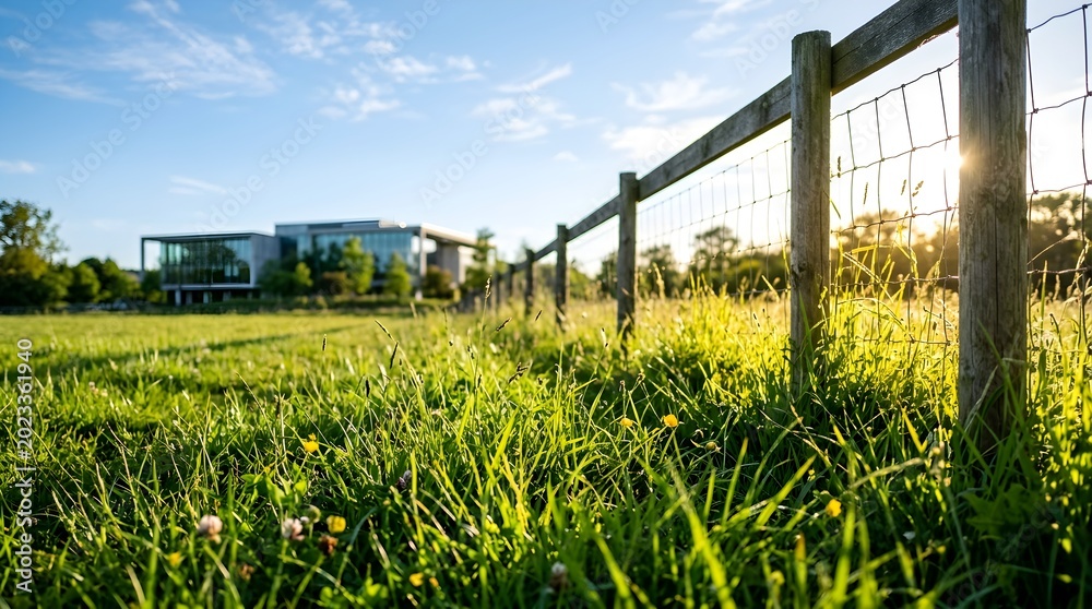 Fototapeta premium Sunlit Grass Field with Wooden Fence and Modern House in Rural Landscape, Outdoor Nature Viewpoint